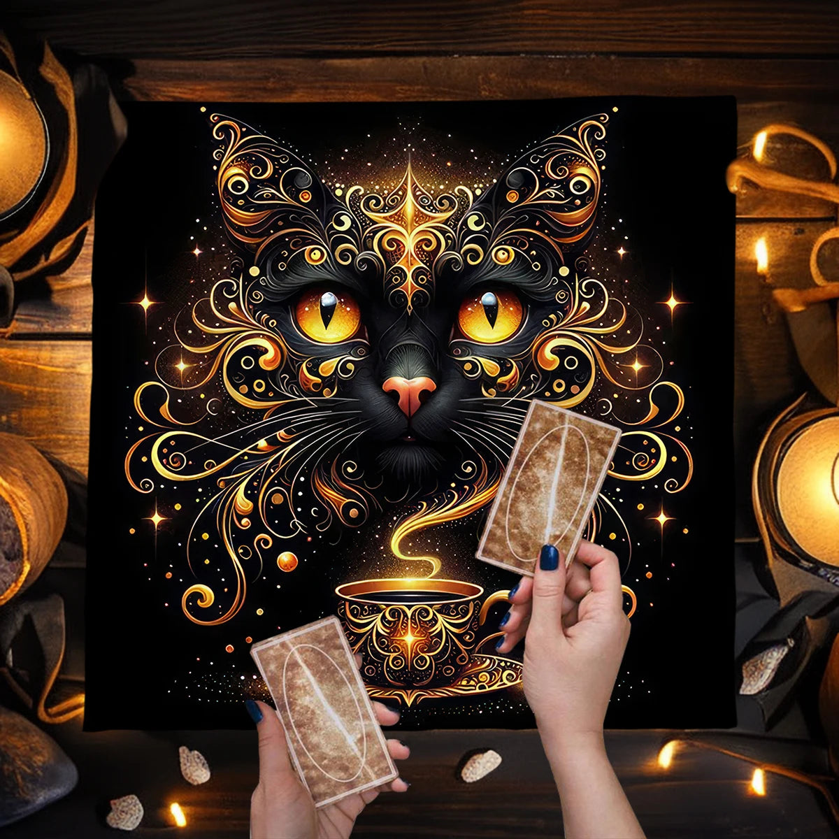 🌟Gold Witchcraft Cat Altar Cloth | Tarot Tablecloth for Spread & Reading | Starry Sky Divination Mat | Altar Decor Pad