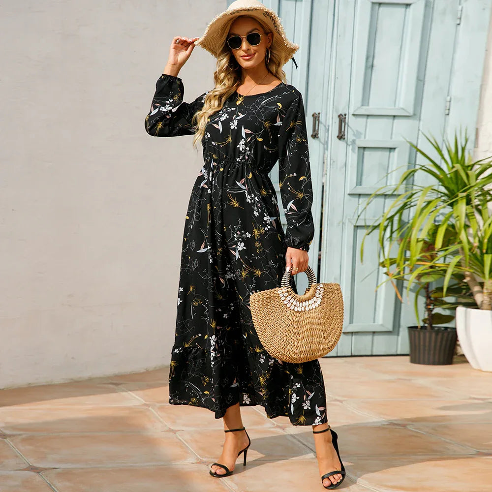Women’s Bohemian Maxi Dress - Casual Chiffon Dress with Full Sleeves, High Waist, and Floral Print for Spring and Autumn