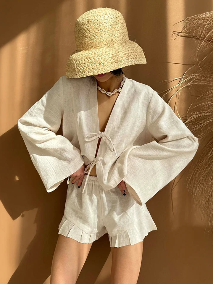 👗 Bronladies Luxe Lace-Up Summer Ensemble: Breathable Flounce Shorts & Long Sleeve Relaxed Fashion Set