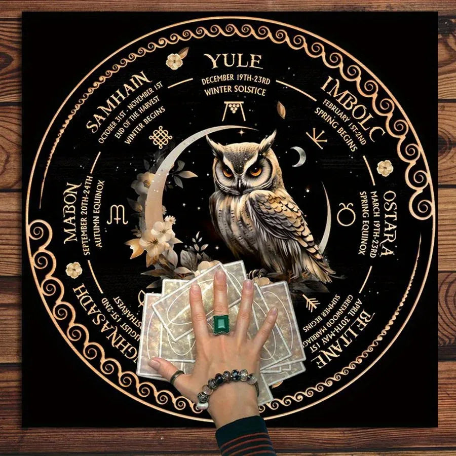 🦉Tarot Tablecloth | Astrology Wheel & Owl Design – Black Boho Witchcraft Dorm Decor with Sun and Moon Symbols