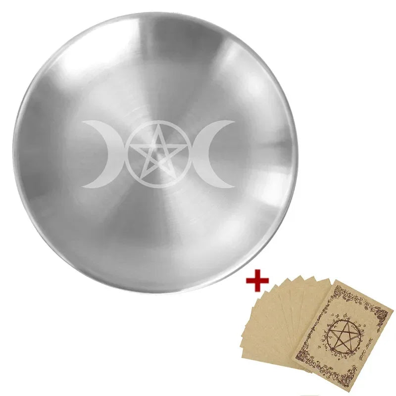 Pagan Pentagram Altar Plate – Metal Ritual Tray for Crystals, Jewelry, Candle and Incense Holder, Witchcraft Supply Essential 14cm TripleMoon1-Sliver