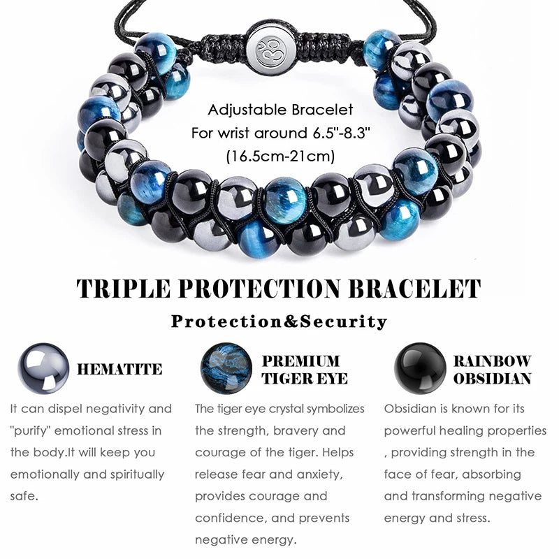 🛡️ Triple Protection Bracelet: Tiger Eye, Black Obsidian & Hematite 8mm Beads – Ultimate Energy Shield, Grounding & Healing Crystal Bangle for Men & Women