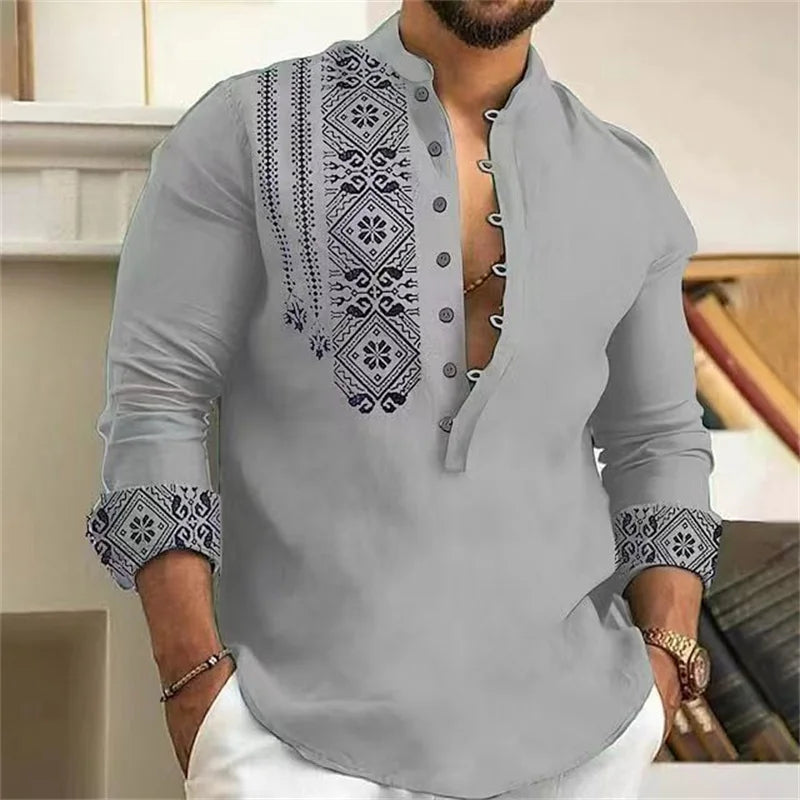 ✨ The Zen-Luxe 7-Button V-Neck Shirt: Premium Men's Casual Long Sleeve Beach Top – Loose Fit Breathable Design with High-Quality Fabric and Sophisticated Deep-V Silhouette AE12