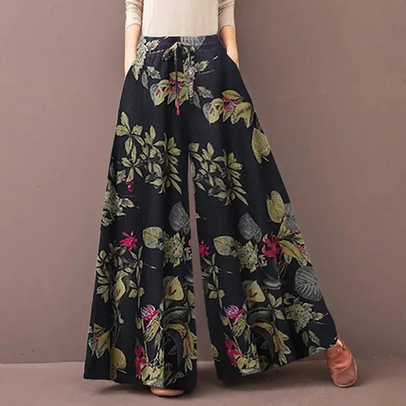 Women's Bohemian Floral Wide Leg Pants - Casual Drawstring Trousers for Spring and Autumn dark blue