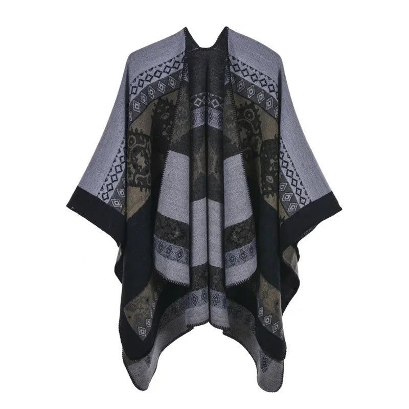 Winter Fashion Poncho Women Capes Scarf Imitation Cashmere Ladies Scarves Warm Shawls Wraps Woman Ponchos Bufanda Mujer Foulard One Size 1rhombic-black