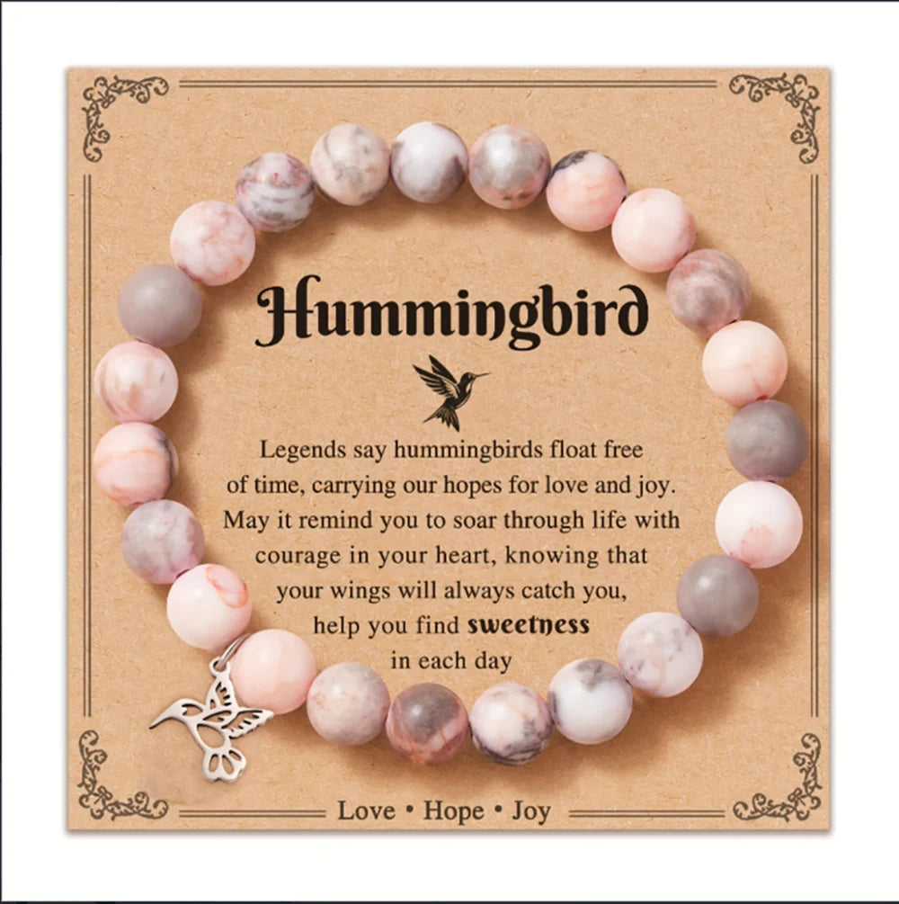 ✨ Cute Pink Zebra Hummingbird Pendant Bracelet – Natural Stone Beads Bangle for Women – Good Luck Jewelry Gift for Girls’ Birthdays