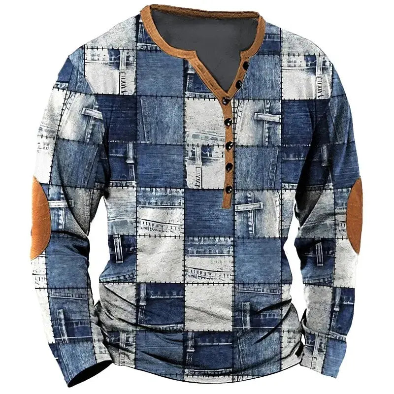 🛠️ The Denim-Patch Masterpiece: Premium Men’s 3D Printed Vintage T-Shirt – High-Definition Plaid & Denim Patchwork Graphic, Long-Sleeve Oversized Fit with Button Accents, and Sophisticated Urban-Grunge Streetwear Tee