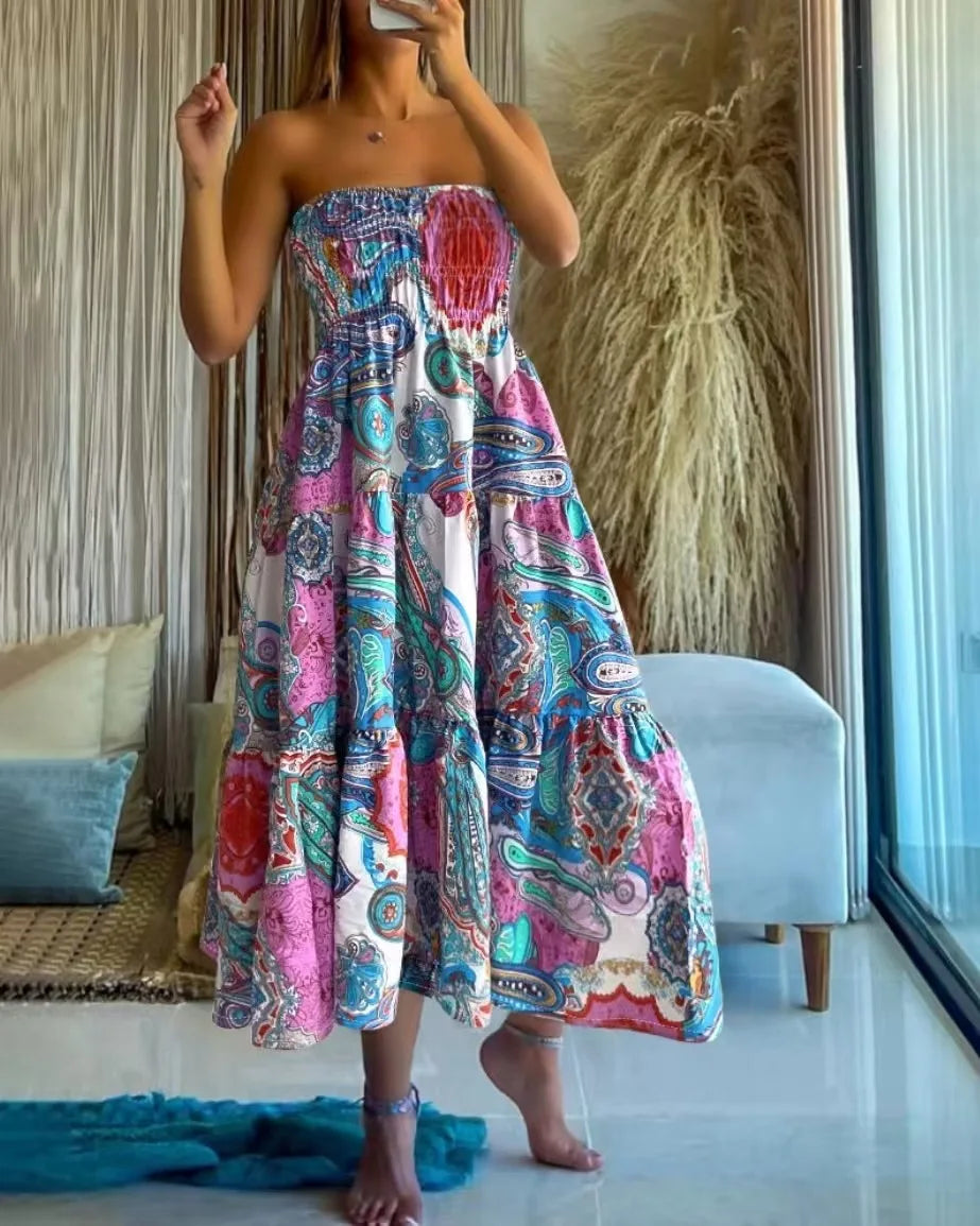 👗 Fashion Boho Printed Long Skirt – Casual Retro Vacation Style with Elastic Waist and A-line Big Hem for Women, Spring Summer New