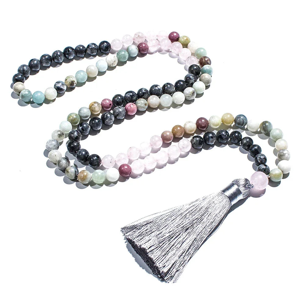 🔮 Premium Tri-Gemstone 108 Mala Beads: Amazonite, Rose Quartz & Labradorite – Heart Chakra Healing Necklace & Meditation Japamala Rosary Set Necklace