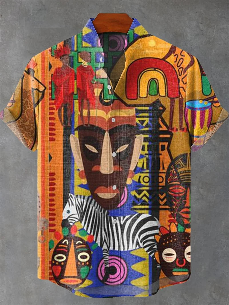 🐍 The Serpent & Solstice Art Edition: Premium Men’s Organic Linen Shirt – High-Definition Snake & Sacred Tree Illustration, Vintage Sun Graphic, Breathable Short-Sleeve Casual Button-Down FX8415