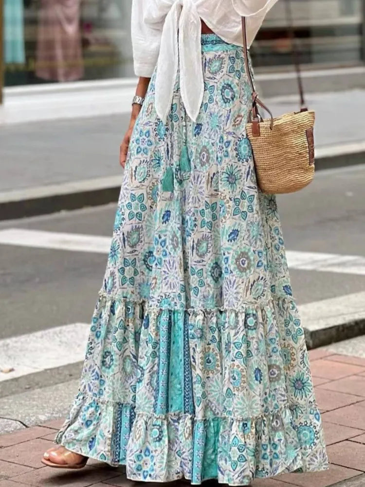 🌟 Bohemian Style Printed A-line Skirt Women Fashion Beach Vacation Loose Drawstring Ruffles Skirts Female Summer New Streetwear﻿