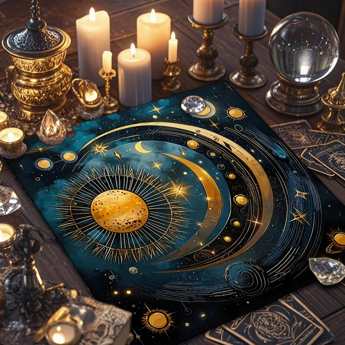 🌞🌙 Sun and Moon Tarot Card Tablecloth | Decorative Altar & Ritual Cloth | Divination & Astrological Card Game Pad