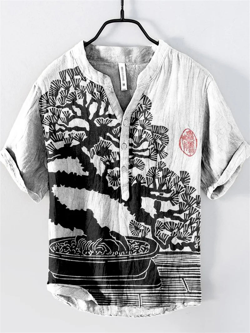 ⛩️ The Zen Crane Heritage: Premium Men’s 100% Pure Organic Linen Shirt – High-Definition Oriental Landscape Art Print, Sophisticated V-Neck Cut, and Plus Size (Up to 6XL) Luxury Casual Button-Down
