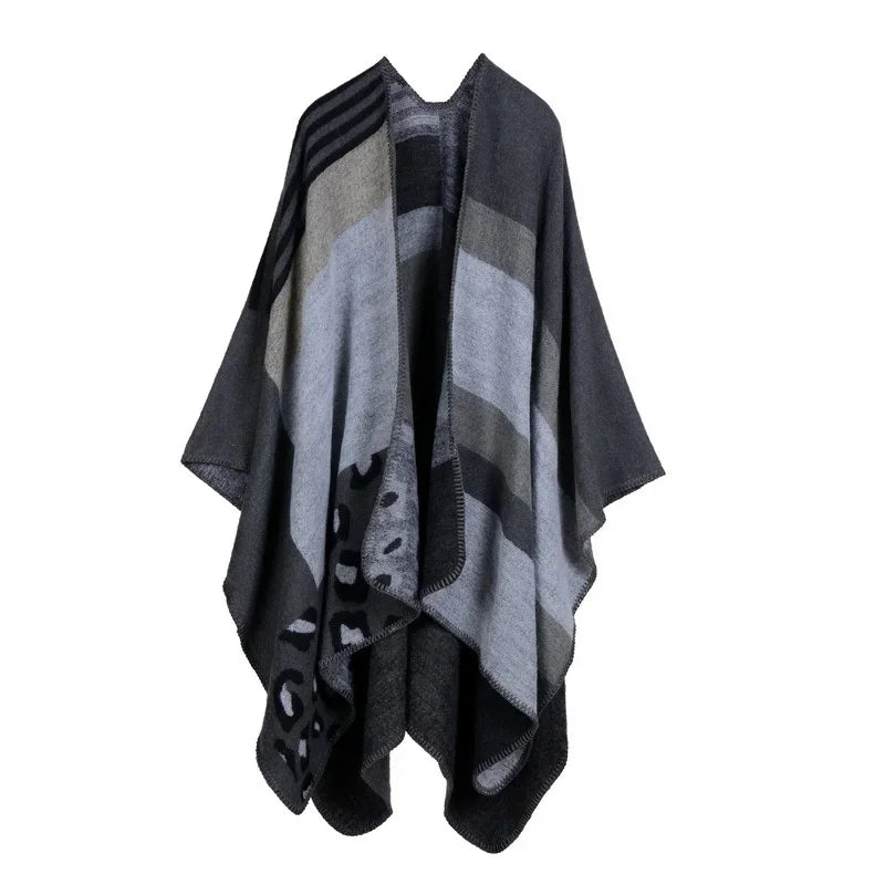 Winter Fashion Poncho Women Capes Scarf Imitation Cashmere Ladies Scarves Warm Shawls Wraps Woman Ponchos Bufanda Mujer Foulard One Size 2Leopard-black