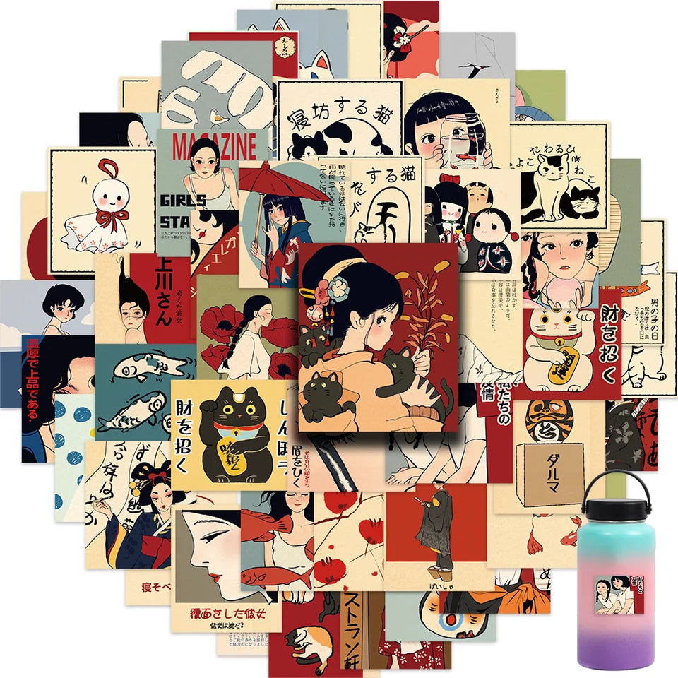 🎨 50pcs Vintage Classic Japanese Anime Scrapbook Stickers – DIY Diary, Laptop, Luggage, Skateboard Graffiti Decals | Free Shipping
