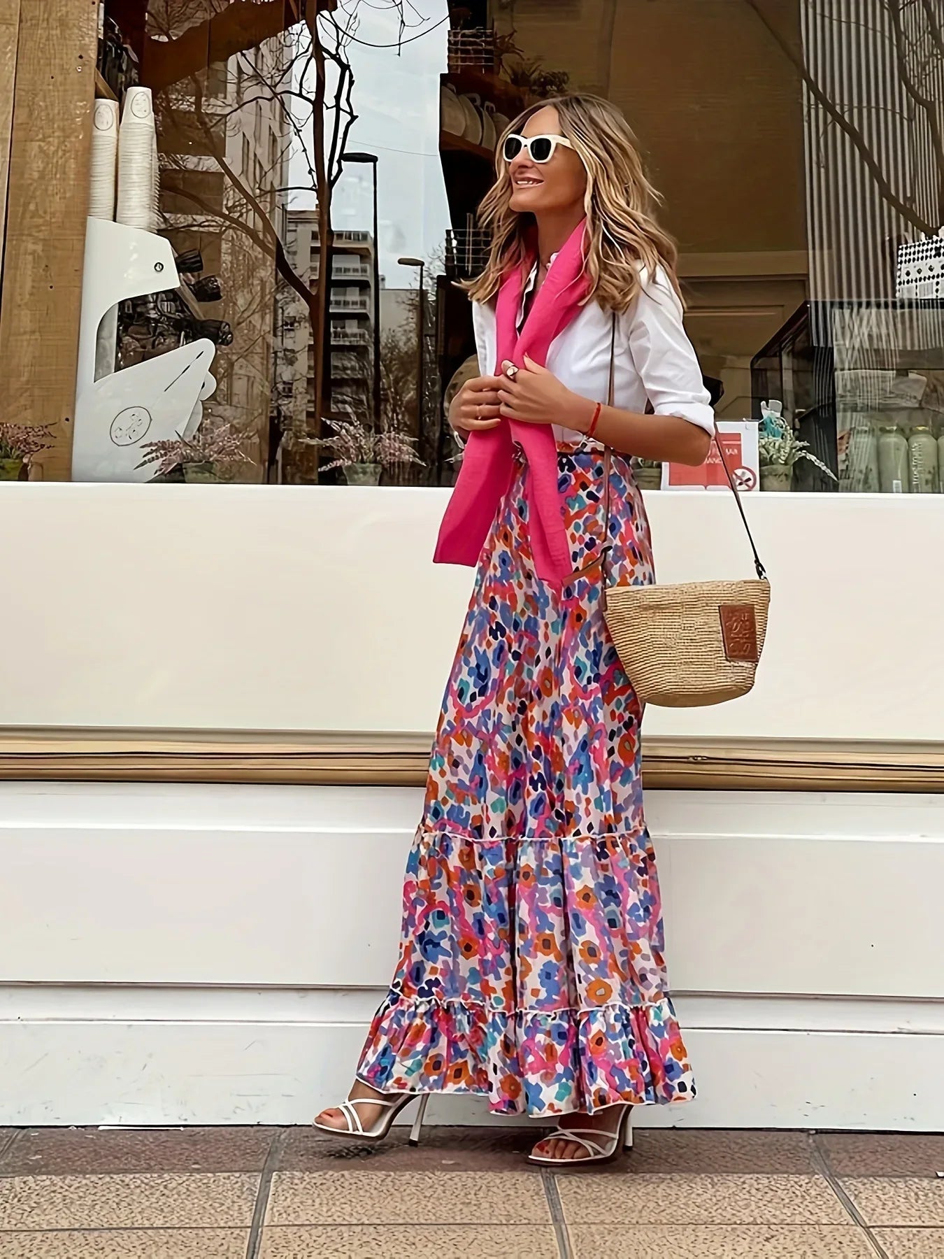 🌟 Elegant Women Green Print Elastic Waist Skirt Spring Summer Femme Patchwork Slim Skirt Streetwear Casual Ankle-Length Long Skirt