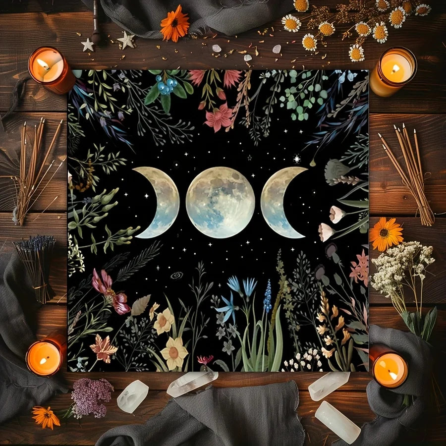🔮 Moon Phase Garden Tarot Tablecloth – Mystical Triple Moon Altar Cloth for Divination, Witchcraft & Horoscope Rituals