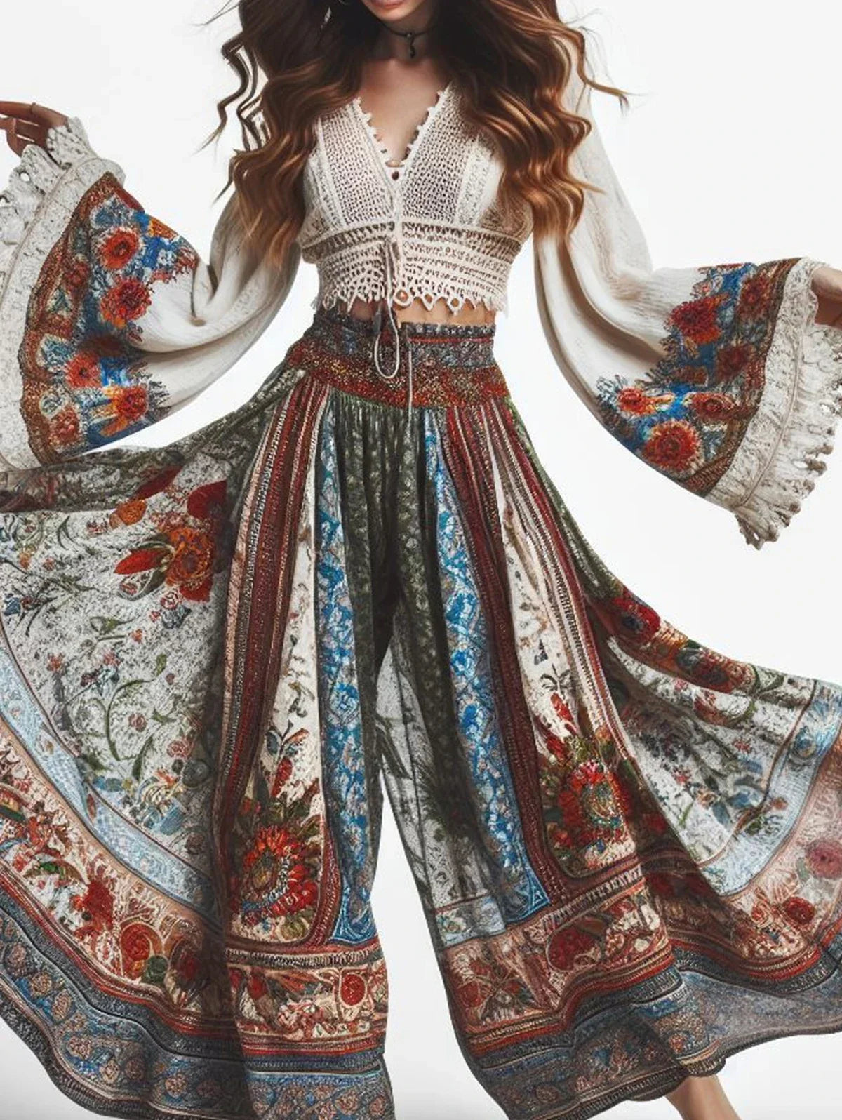 👖 Elegant Women’s Trousers – Bohemian Style Classic Retro Floral Pattern, Elastic High Waist Wide Leg Pants