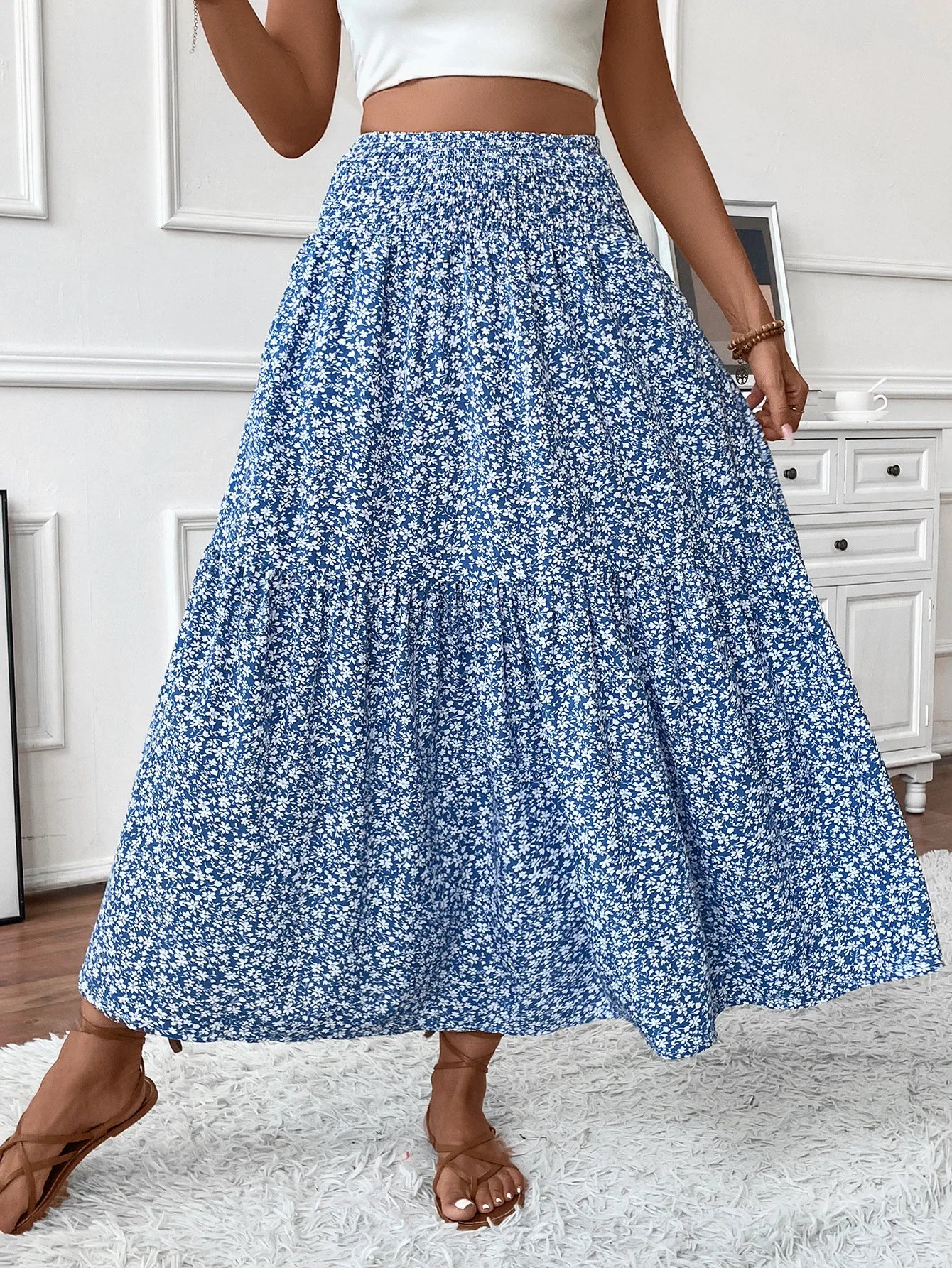 🌟 Women New Classic Printed Skirt Retro High Waist Long Skirt Casual Stylish Loose Beach Skirt Elegant Ladies Floral Pleated Skirt﻿