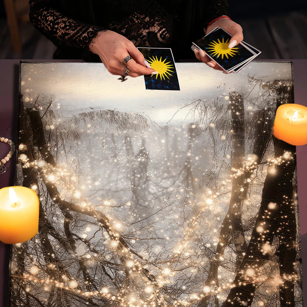 🃏 Dreamy Snowy Forest Tarot Tablecloth – Fairy Lights Altar Cloth with Crystal Snowflakes for Mystical Tarot Readings & Winter Spiritual Decor