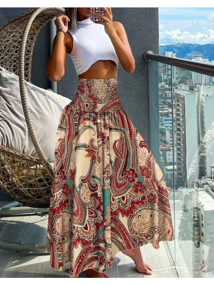 🌟 Women Fashion Floral Print Folds Bohemian Elastic High Waist Skirt Ladies Knee-Length Long Skirts creamy-white