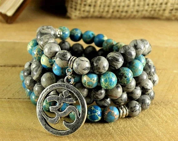 ✨ Turquoise & Onyx Mala Yoga Wrap Bracelet – 108 Prayer Beads Meditation Necklace for Spiritual Focus and Calm A18