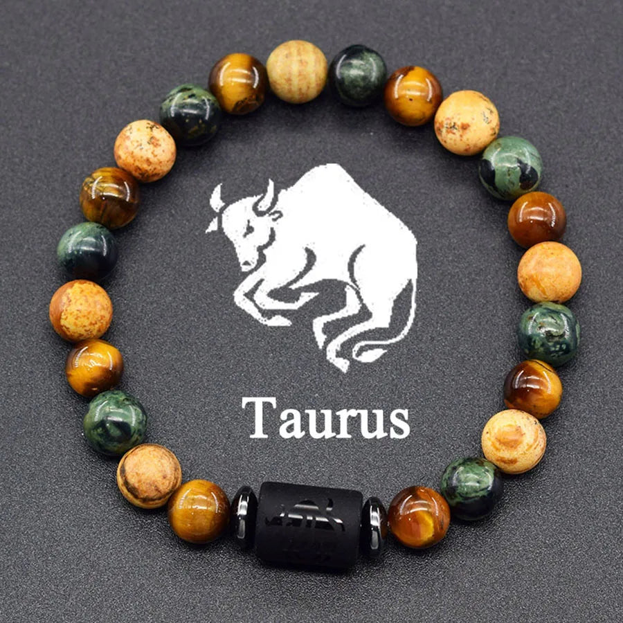 ✨ 12 Zodiac Sign Bracelet Homme – Natural Yellow Tiger Eye Stone & Hematite Constellation Bangle – Cancer, Taurus, Libra Astrology Bracelet for Women 30 Taurus 8 mm Beads