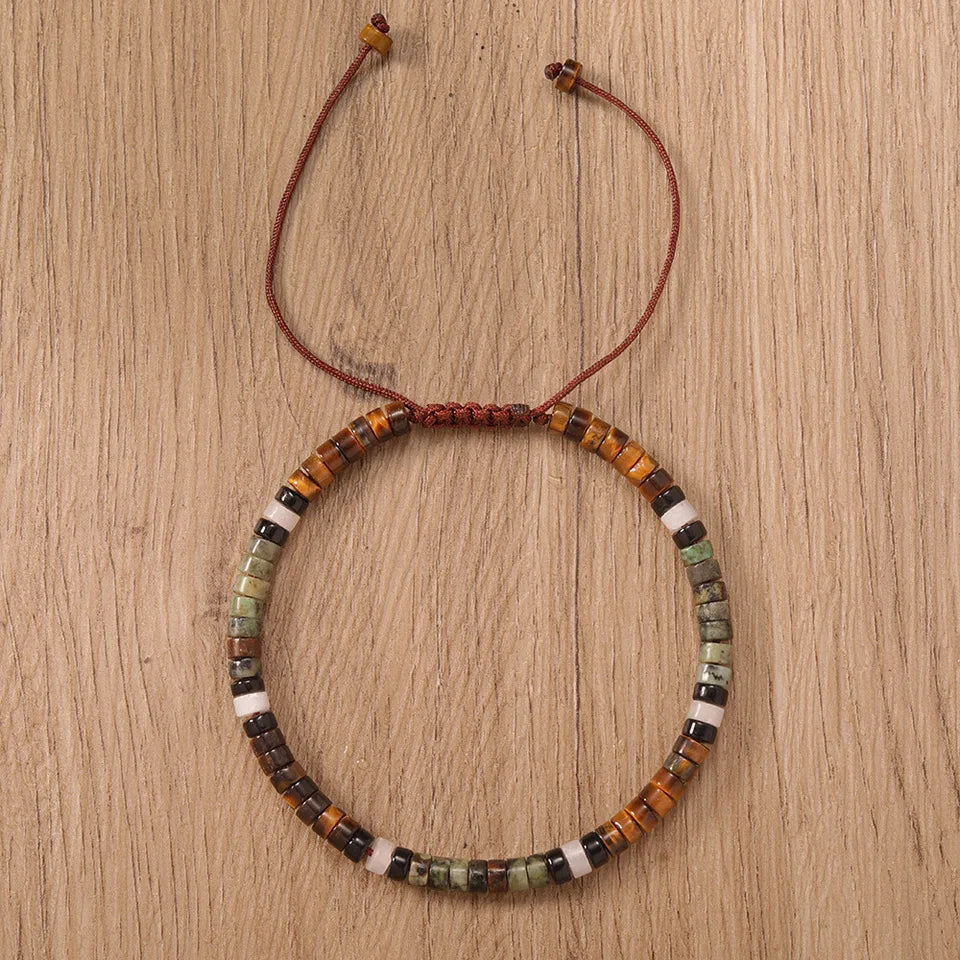 ✨ Natural Stone Beaded Woven Bracelet – Tiger’s Eye & Obsidian – Adjustable Unisex Couple Jewelry with Encouragement Blessing Card