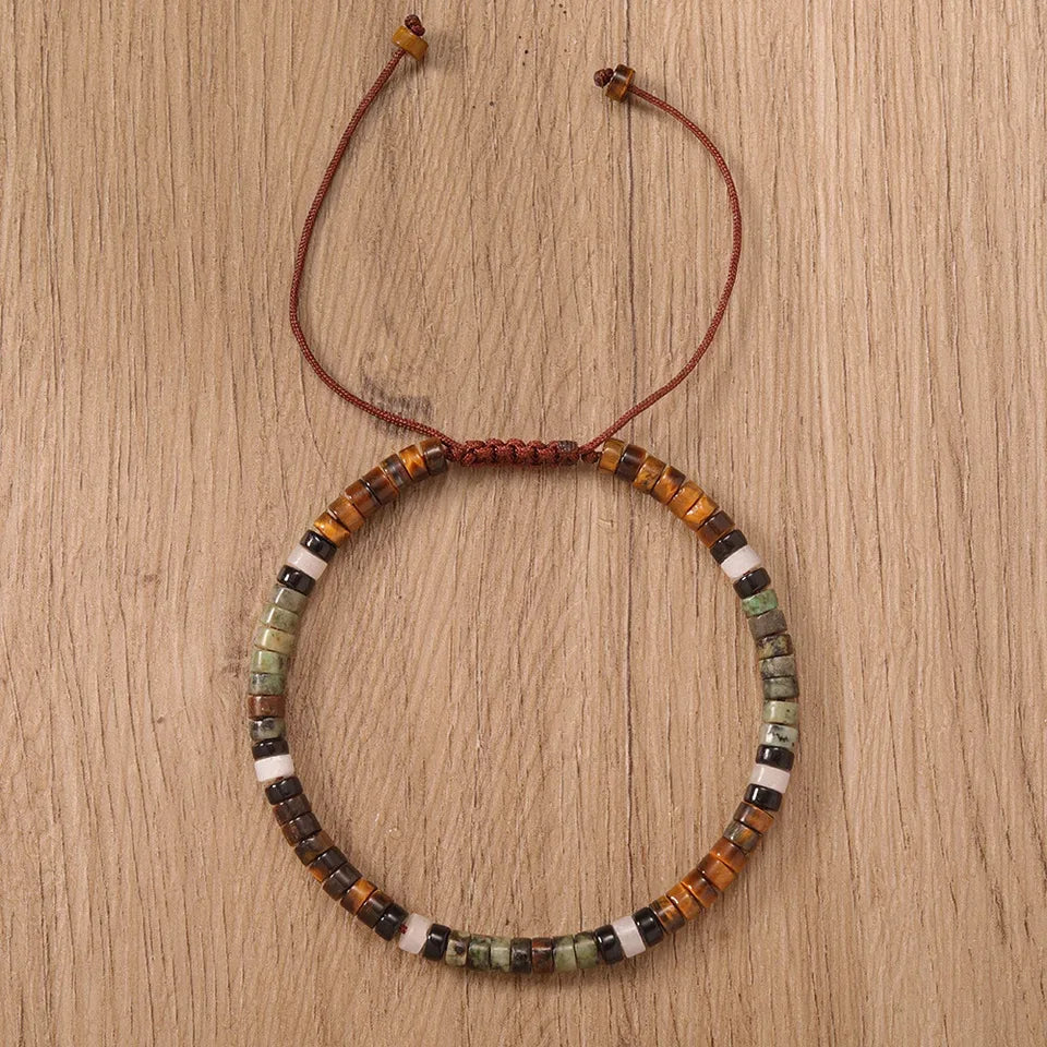 ✨ Natural Stone Beaded Woven Bracelet – Tiger’s Eye & Obsidian – Adjustable Unisex Couple Jewelry with Encouragement Blessing Card