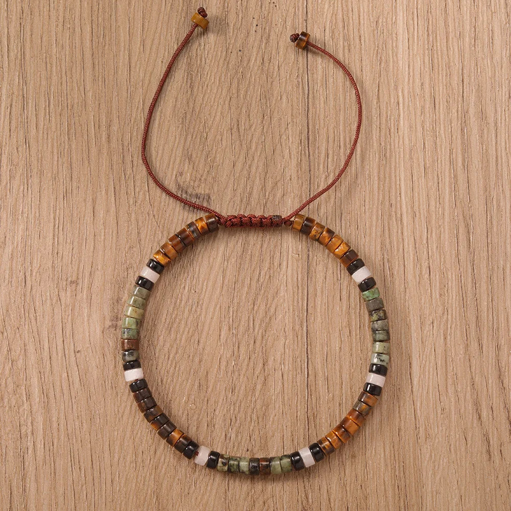 ✨ Natural Stone Beaded Woven Bracelet – Tiger’s Eye & Obsidian – Adjustable Unisex Couple Jewelry with Encouragement Blessing Card