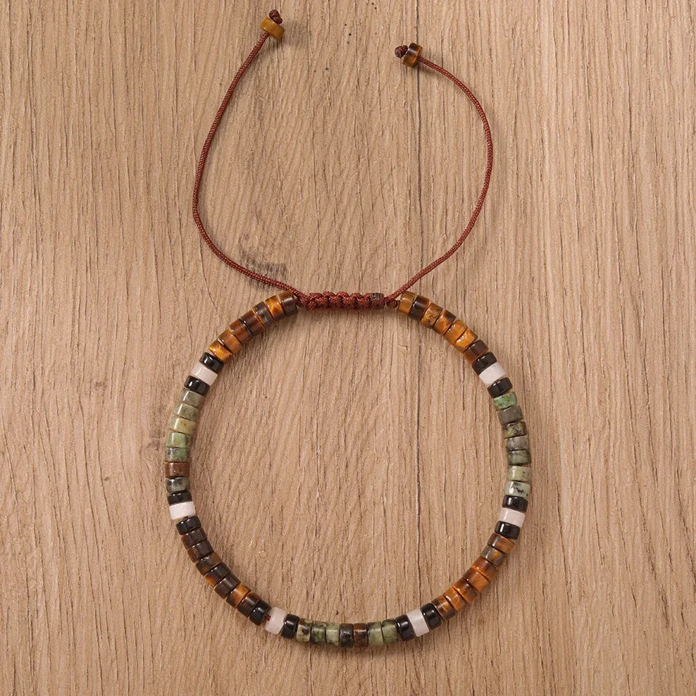 ✨ Natural Stone Beaded Woven Bracelet – Tiger’s Eye & Obsidian – Adjustable Unisex Couple Jewelry with Encouragement Blessing Card