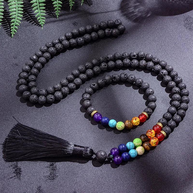 🌋 8mm Black Lava Stone & 7 Chakra Healing Mala Necklace (108 Beads) – Aromatherapy Diffuser, Meditation Prayer Beads & Yoga Japamala Rosary Set