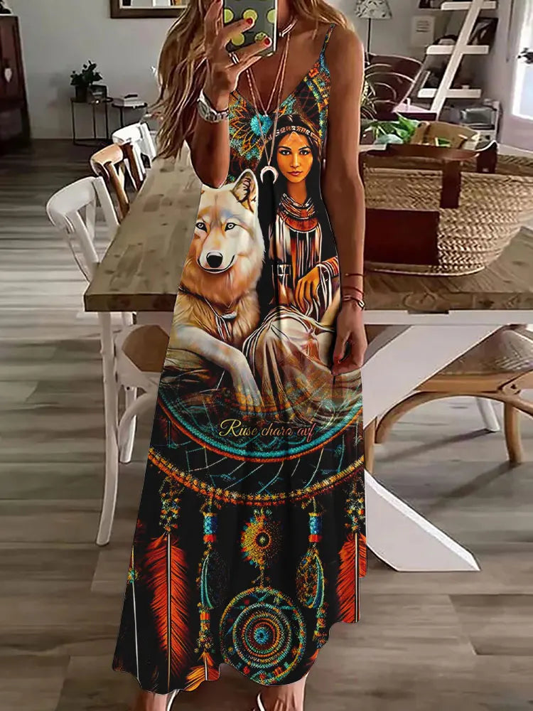 2024 New 3D Owl Vintage Print Dress for Women – Sleeveless Long Tribal Pattern Spaghetti Strap Summer Vest Dress BDQLTH248745520