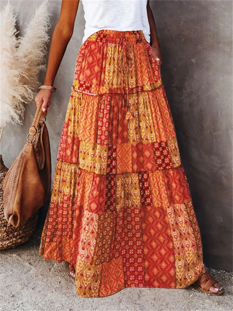 👗 Women’s Bohemian Print Long Skirts – Elastic High Waist, Loose Tiered A-line Skirt with Pockets