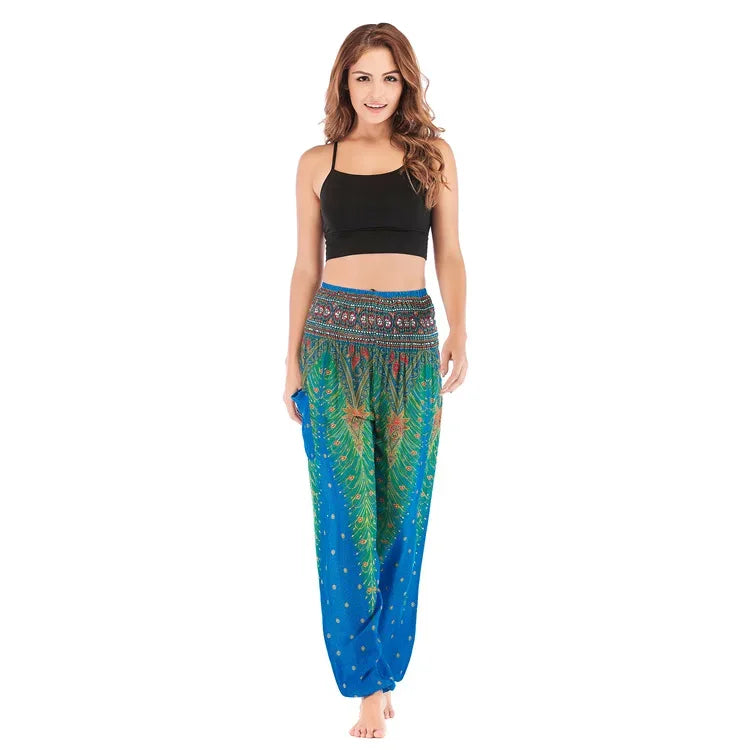 Women's Boho Yoga Pants - High Waist Floral Print Harem Leggings with Pockets for Comfort and Style
