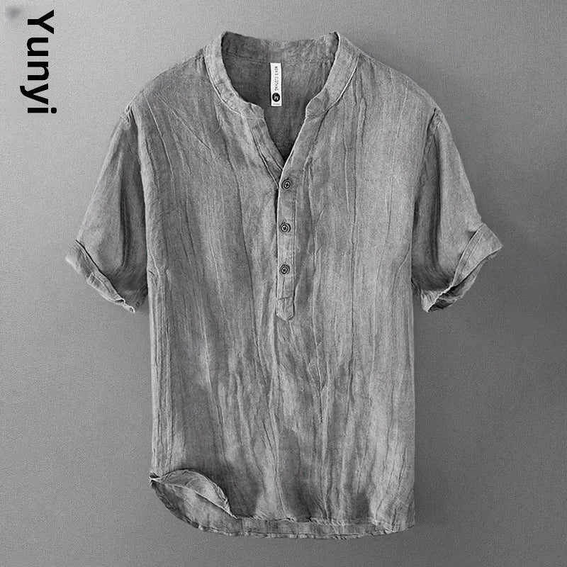 🌿 The Zen-Essential Pure Linen Top: Premium Men’s 100% Organic Linen V-Neck Shirt – Loose Fit Vintage Silhouette, Breathable Half-Sleeve Design, and Ultra-Lightweight Summer Casual Tee