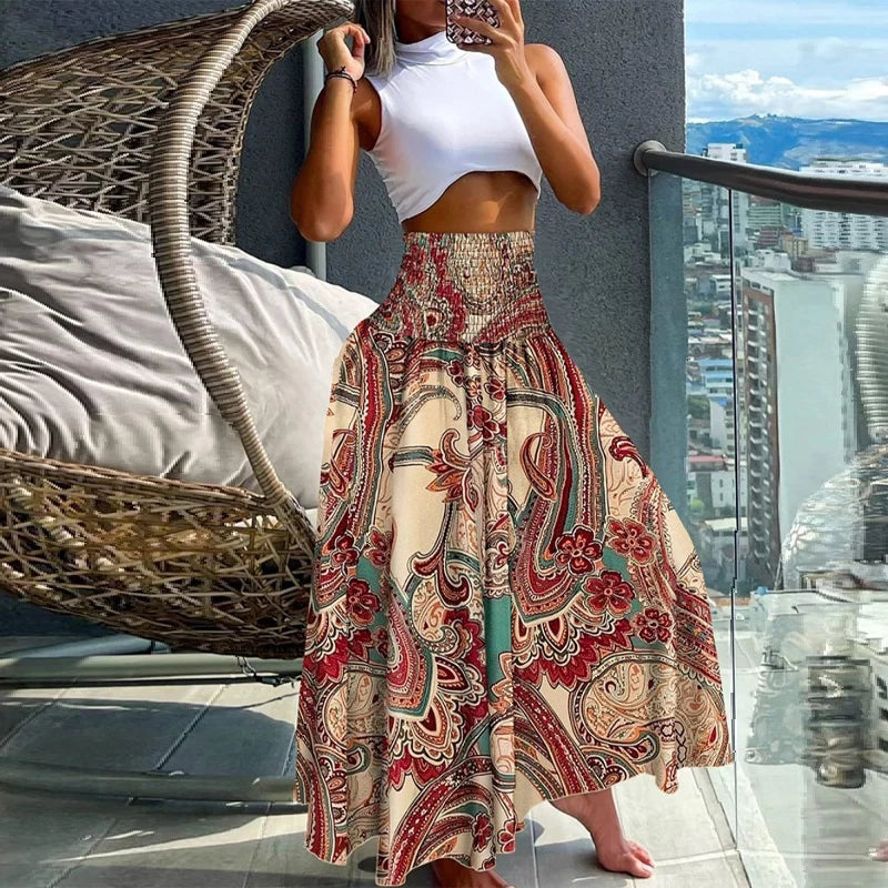 🛍️ Boho Beach Skirt – Vintage Printed Long A-Line Skirt with Elastic High Waist, Big Hem for Women’s Vacation and Spring-Summer Fashion APRICOT
