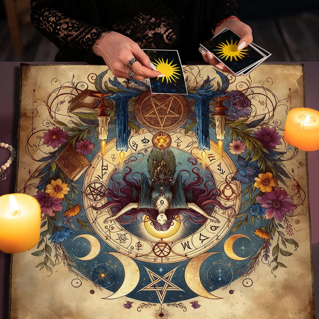 🌙 Retro Witch Altar Cloth – Tarot Tablecloth with Moon, Stars & Candles Design | Witchcraft Altar Decor with Flowers and Plants Motif