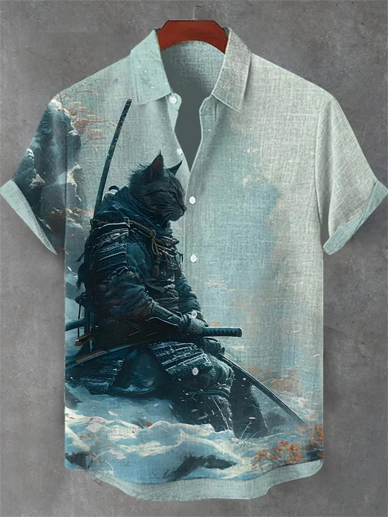 ✨ Emerald Noir Retro-Linen Cat Shirt: Men’s Artistic Dark Green Short Sleeve Top with Vintage Black Cat Graphic & Breathable Heritage Fabric (2026 Edition) JU795