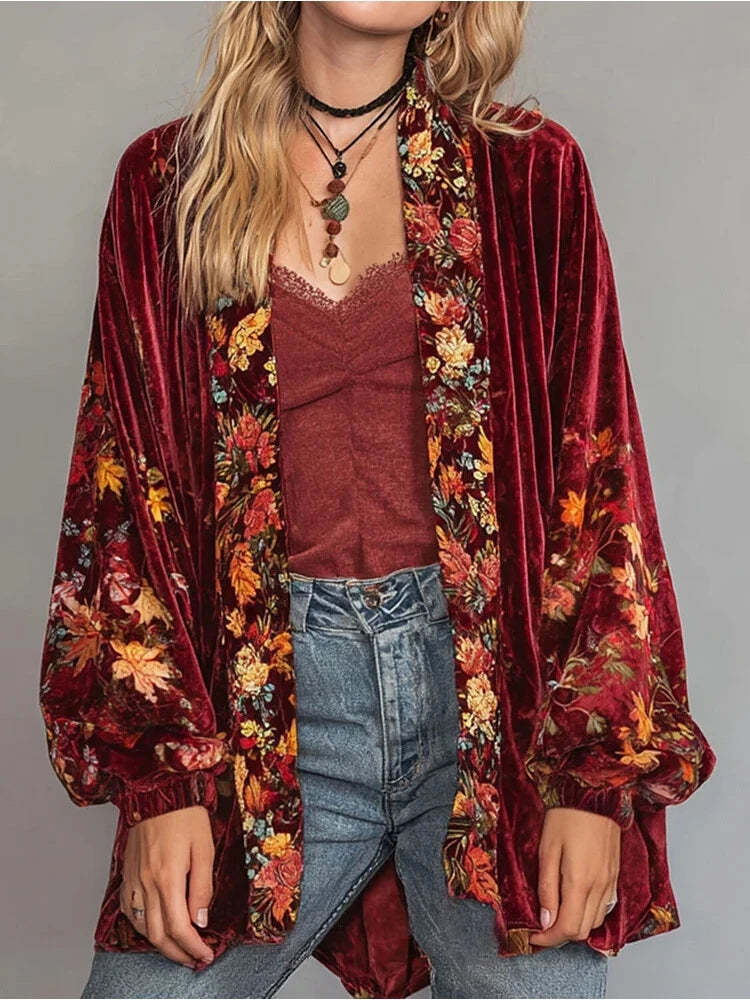 🧥 Bohemian Women’s Velvet Cardigan – Ethnic Floral Printed Open Front Vintage Jacket for Autumn & Holidays XXL