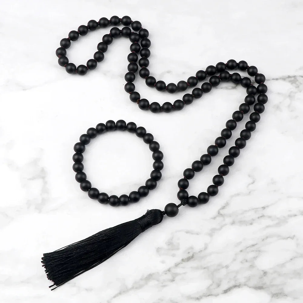 🐯 Natural Tiger Eye Stone Jewelry Set (Necklace & Bracelet): Healing Tassel Pendant & Sweater Chain – Confidence, Wealth & Protection Crystal for Women Matte Black