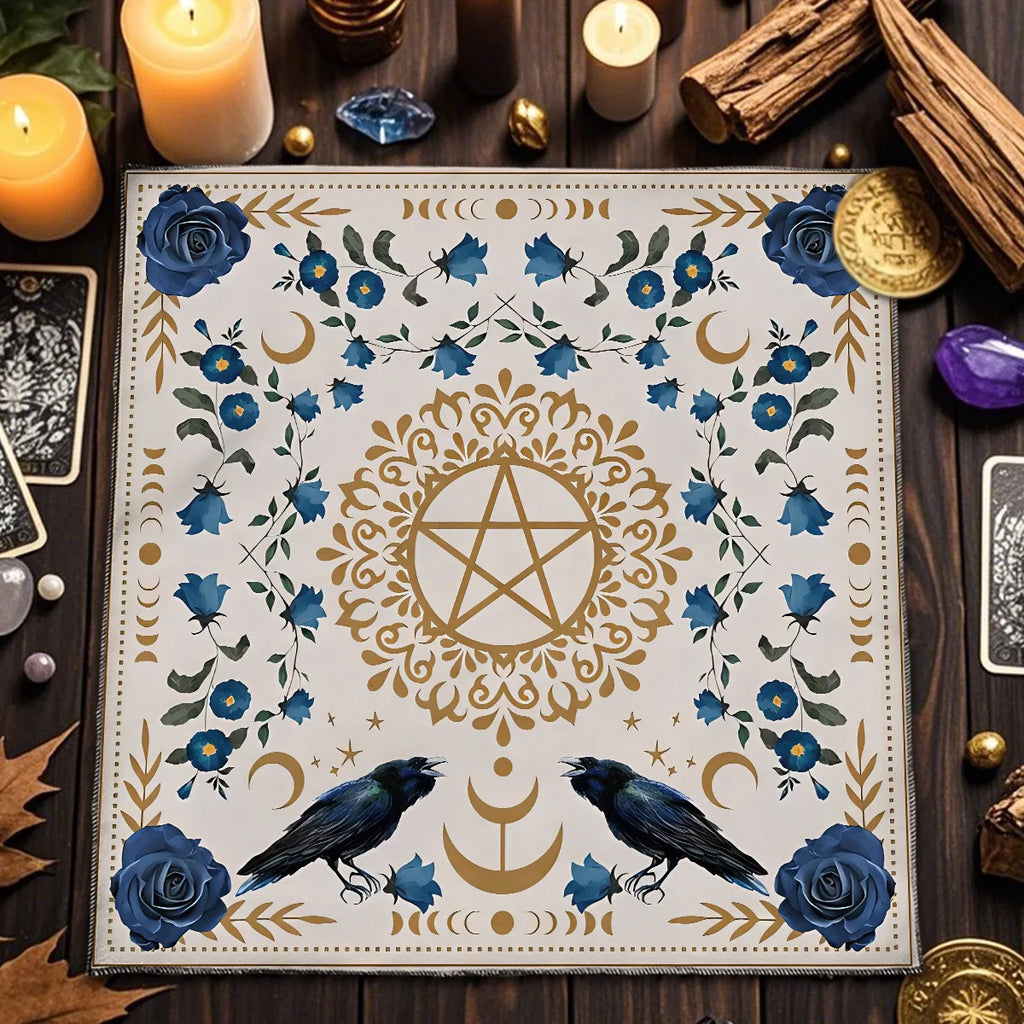 🃏Crow & Moon Phase Tarot Tablecloth – Star Divination Altar Cloth for Runes, Witchcraft Rituals & Mystical Party Game Decor TLB (216)