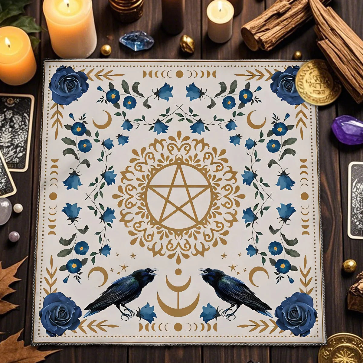 🃏Crow & Moon Phase Tarot Tablecloth – Star Divination Altar Cloth for Runes, Witchcraft Rituals & Mystical Party Game Decor TLB (216)