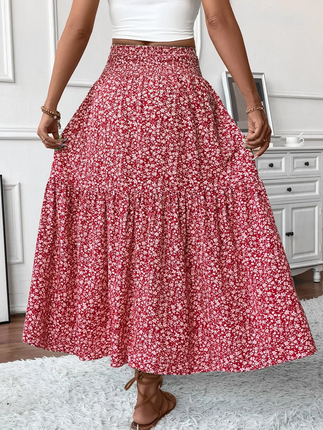 Women Floral Pleated Skirt – Retro High Waist Long Skirt for Stylish Casual Beach Wear