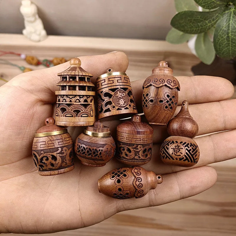 🌿 Wood Hollow Carved Aromatherapy Bottle – Mini Vase Pagoda Design | Car Hanging Decoration & Fragrance Diffuser Pendant | Free Shipping
