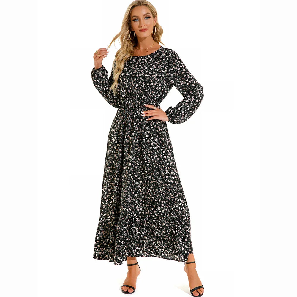 Women’s Bohemian Maxi Dress - Casual Chiffon Dress with Full Sleeves, High Waist, and Floral Print for Spring and Autumn