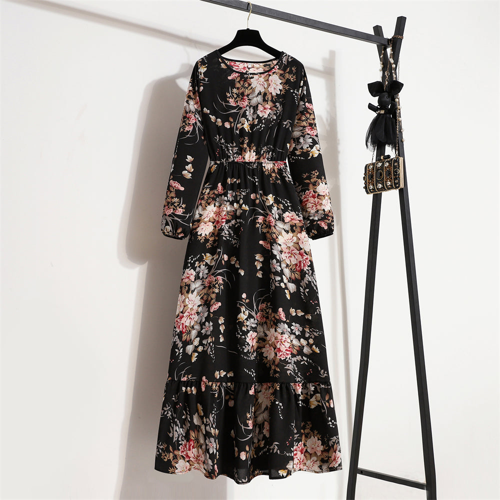 👗 Women’s Bohemian Maxi Dress – Spring Autumn Casual Chiffon Dress with Full Sleeves, High Waist, and Floral Print