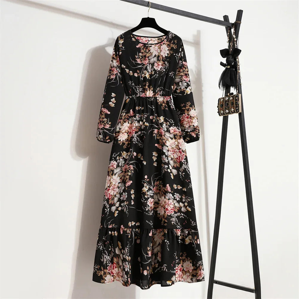 Women’s Bohemian Maxi Dress - Casual Chiffon Dress with Full Sleeves, High Waist, and Floral Print for Spring and Autumn
