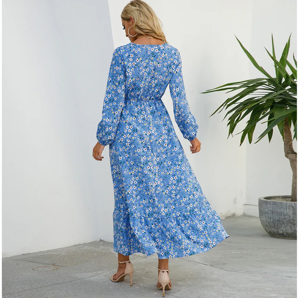 Women’s Bohemian Maxi Dress - Casual Chiffon Dress with Full Sleeves, High Waist, and Floral Print for Spring and Autumn