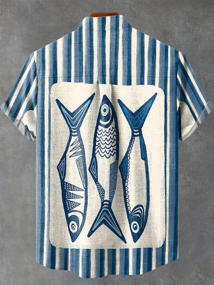 🐟 The Retro-Angler Mandarin Edition: Premium Men’s Stand-Up Collar Linen Shirt – High-Definition 3D Fish Pattern, Breathable Organic Cotton-Linen Blend, and Sophisticated Vintage Casual Silhouette
